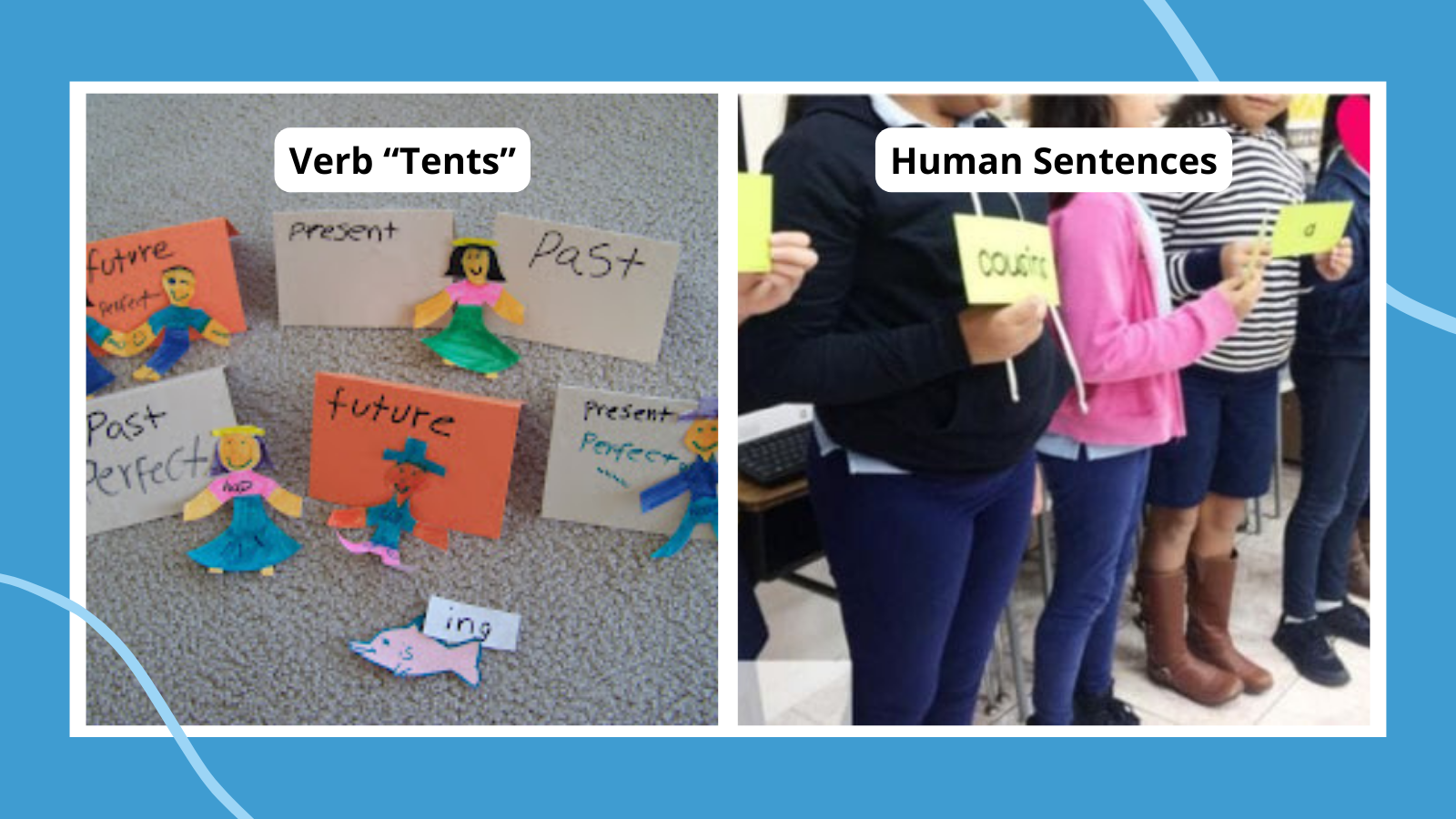 paper verb activity and students in a line to make a sentence