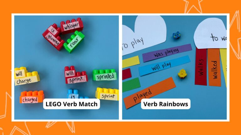 Verb tenses feature including LEGO verb match and verb rainbows