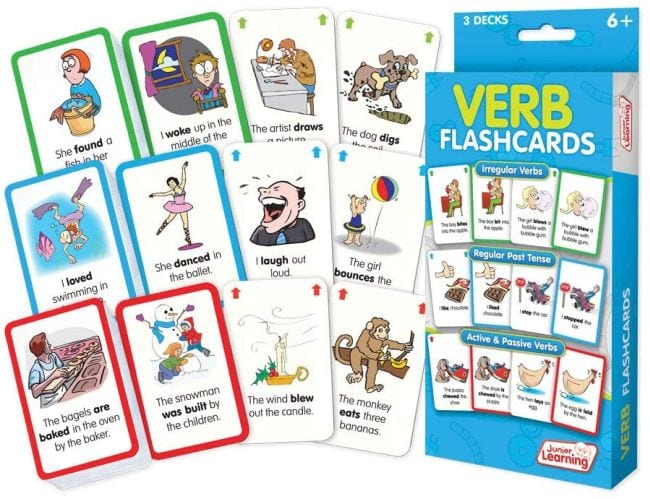 Verb flashcards with cartoon pictures and sentences in the past tense