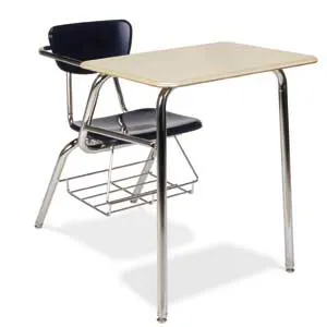 Virco Solid Plastic Top Chair Desk With Bookrack with black chair and neutral color surface