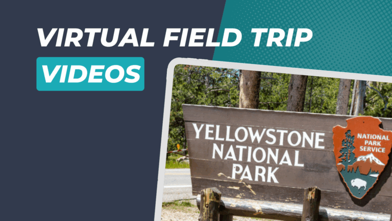 A shot of the entrance to Yellowstone Park with a background that says Virtual Field Trip VIDEOS