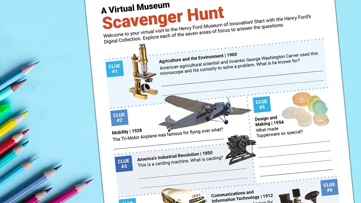 Flat lay of virtual museum scavenger hunt
