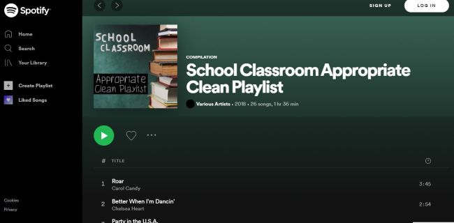 Spotify Clean Classroom Playlist screen shot (Virtual Rewards)