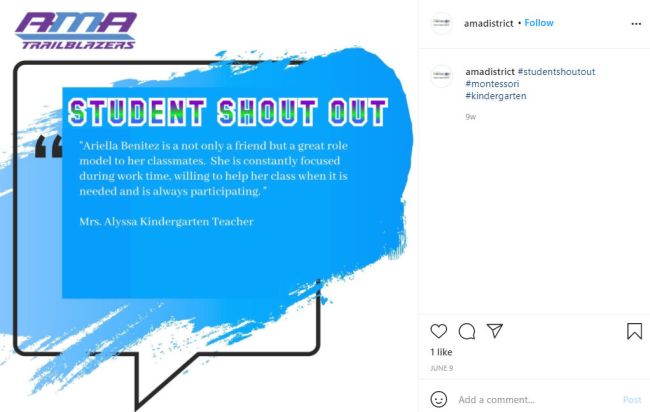 Student Shout Out on Instagram lauding the behavior of a student