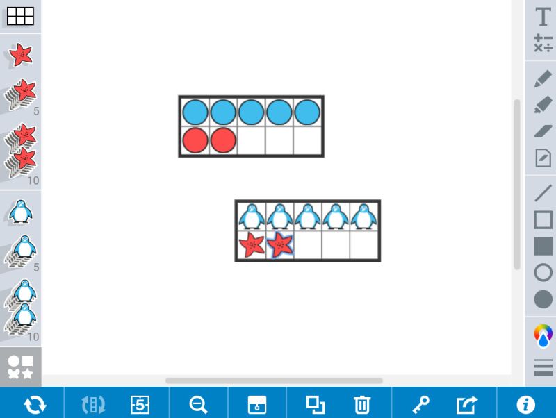 Virtual ten frames with red and blue markers, some in the shapes of starfish and penguins