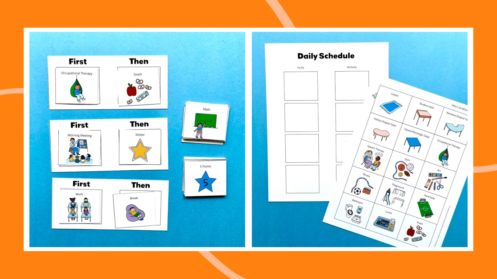 Two examples of visual schedule templates: a daily schedule and a first/then board.