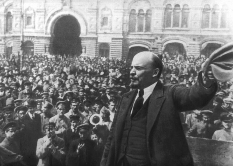 Lenin addressing crowd during Russian Revolution in 1917