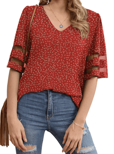 Red v-neck chiffon blouse with mesh arm detail