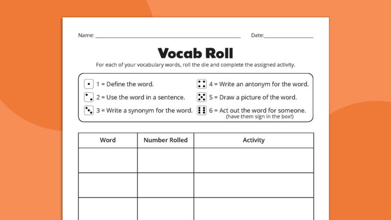 Flat lay of Vocab Roll vocabulary worksheet