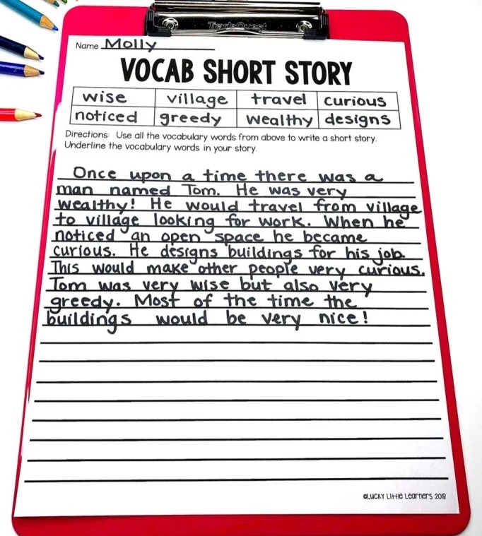a clipboard with a vocabulary short story written on it
