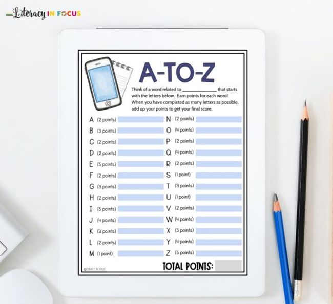 Printable A to Z vocabulary word game worksheet