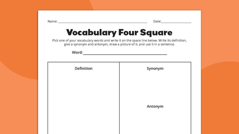 Flat lay of Vocabulary Four Square vocabulary worksheet