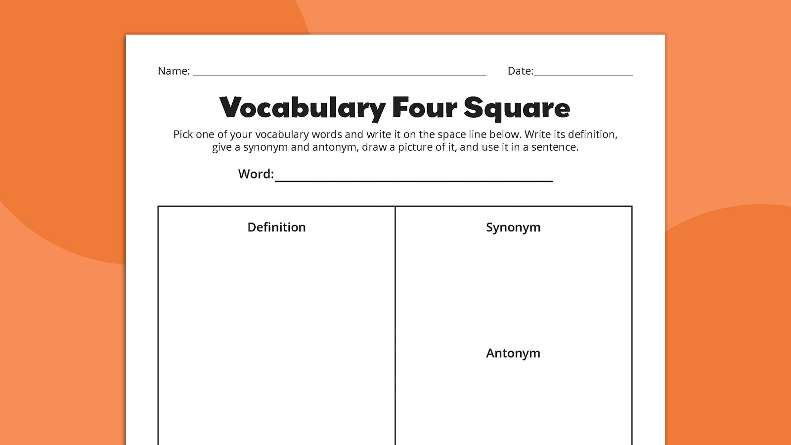 Vocabulary Four Square Flat lay of Vocabulary Four Square worksheet