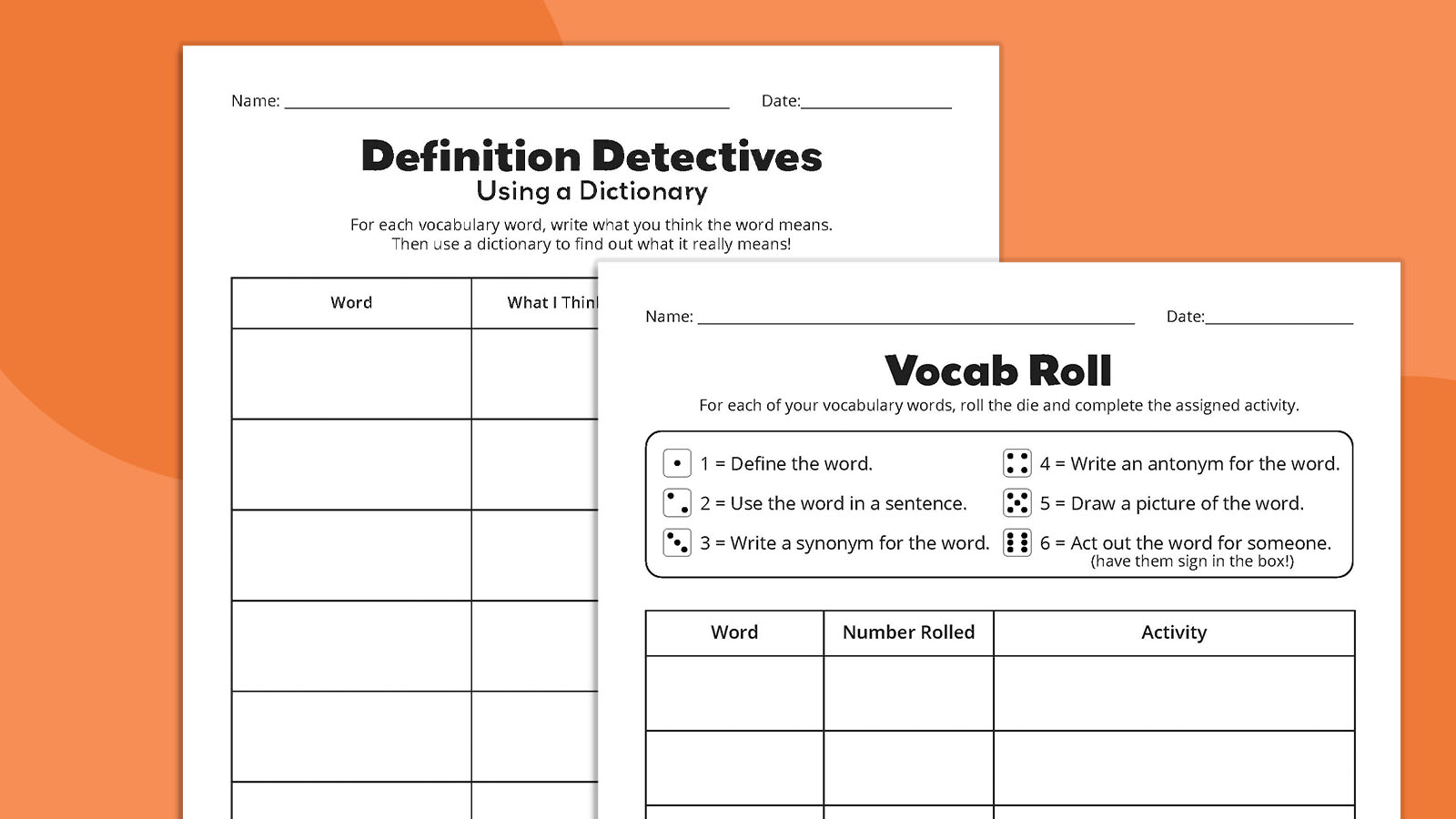 Flat lays of vocabulary worksheets