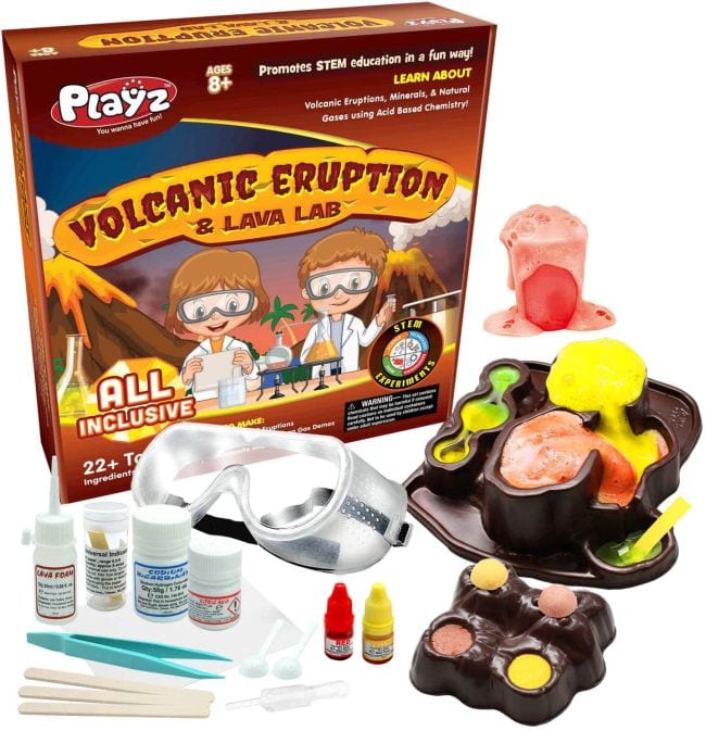 Playz Volcanic Eruption & Lava Lab Science Kit with safety equipment, plastic model volcanoes, chemicals, and more