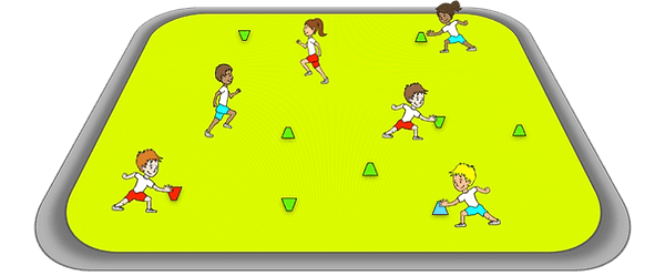 A diagram shows children running around flipping cones either upside down or right side up (elementary PE games)