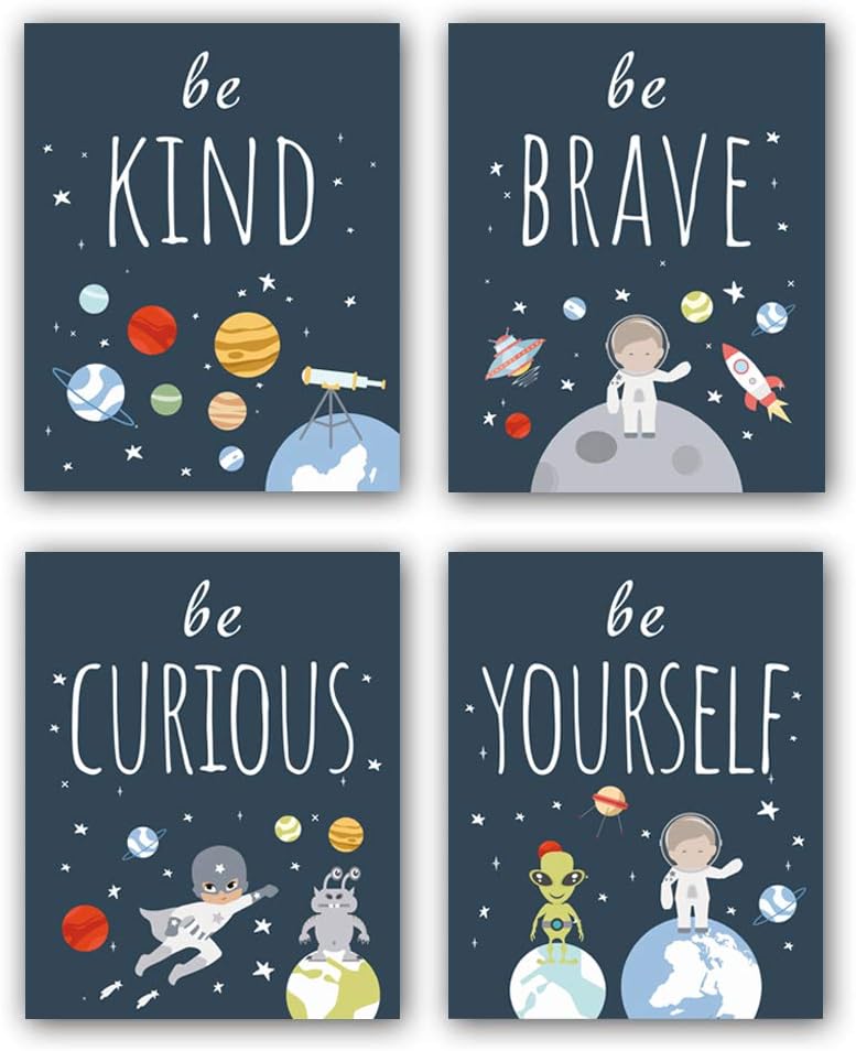 Space-themed wall art says "Be Kind, Be Brave, Be Curious, and Be Yourself.