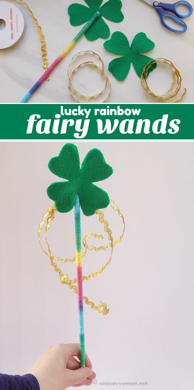 The top of the image says lucky rainbow fairy wands. It shows a rainbow stick with a green shamrock on top and gold ribbon dangling down (St. Patrick's Day crafts for kids)