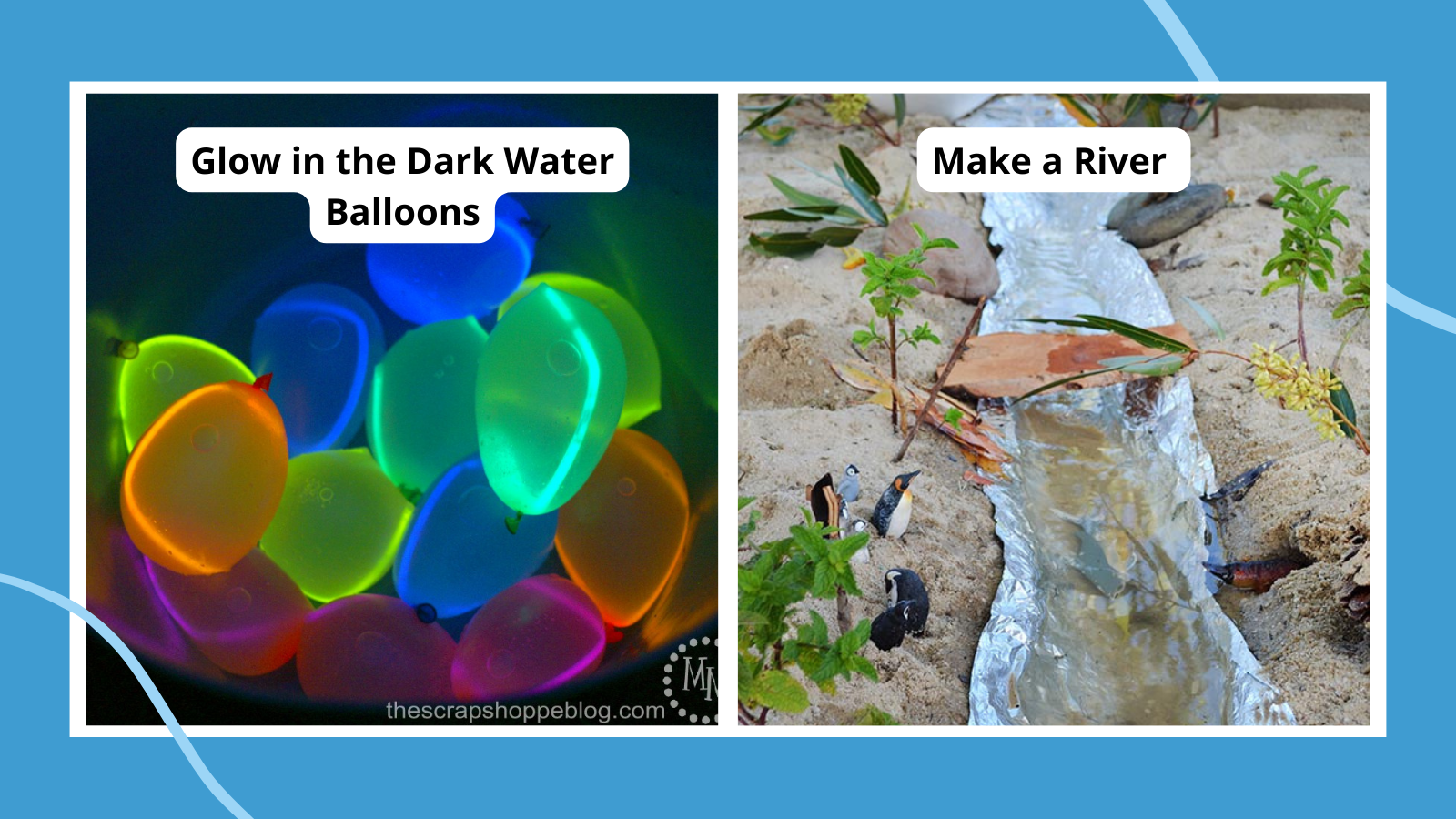 ideas for water activities glow in the dark water balloons and a river made in a sandbox