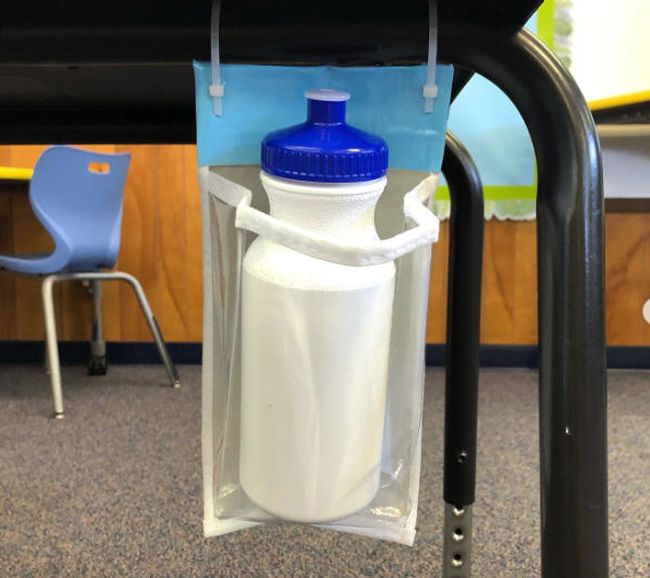 Water bottle holders for student desks can be DIY lie this shoe holder pocket trimmed and attached to a student desk with zip ties to hold a water bottle 