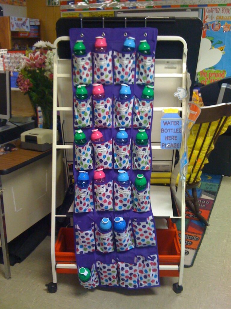 shoe carrier holding water bottles in a classroom for a green school idea