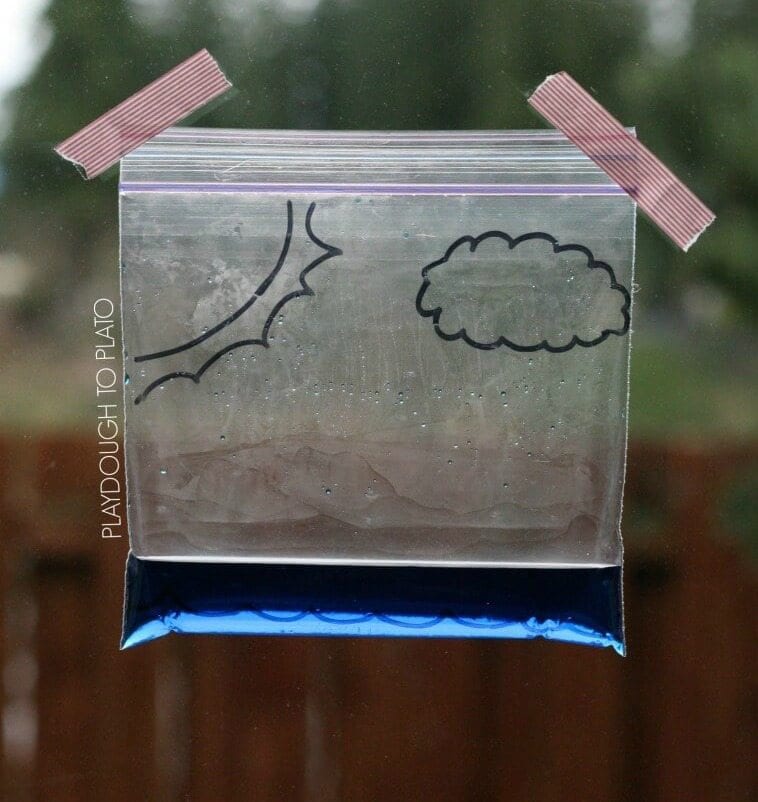 Ziploc bag with an inch of blue dyed water in the bottom taped to a window