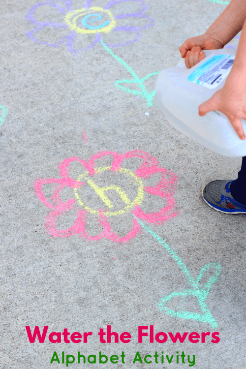person pouring water on flowers drawn in chalk on sidewalk
