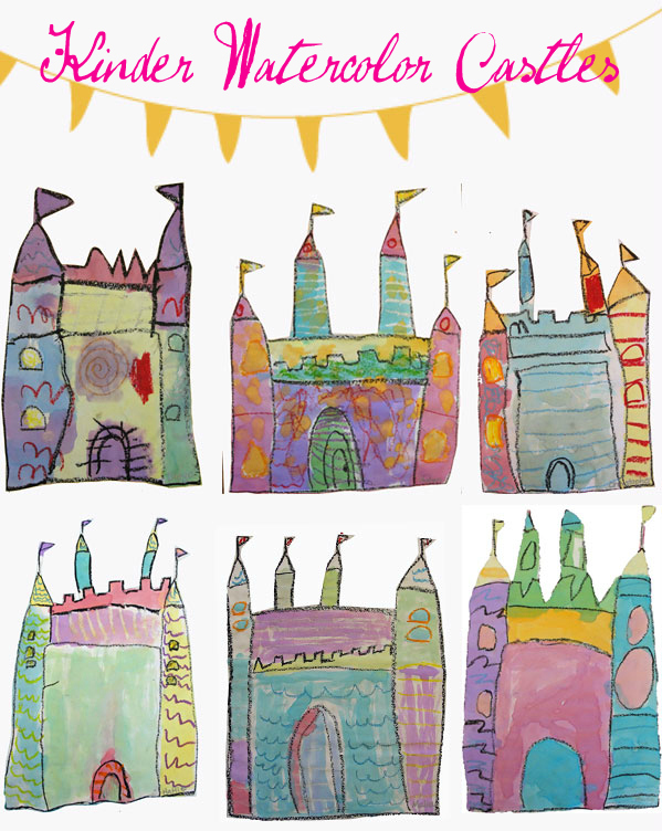 Six different drawings of castles are filled in with watercolor paint. 