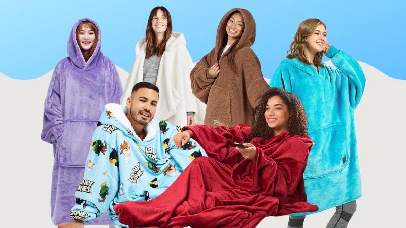 Collage of models wearing wearable blankets