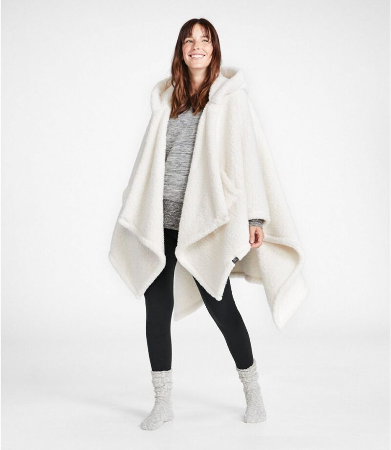 Woman in white sherpa L.L. Bean wearable blanket