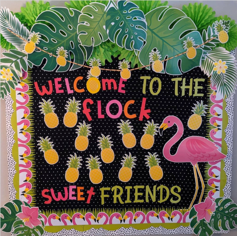 Welcome to the flock bulletin board with flamingoes and large palm leaves (Back-to-School bulletin boards)