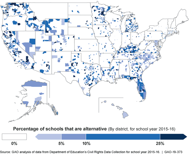 A map of alternative schools in the U.S. in 2015