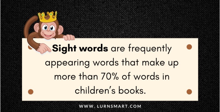 Sight words are frequently appearing words that make up more than 70% of words in children's books.