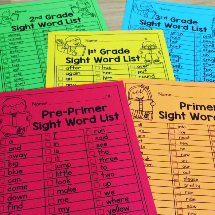 Colorful printable sight words list