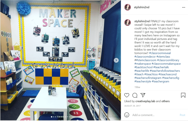 Blue and yellow classroom with Makerspace decor on the walls