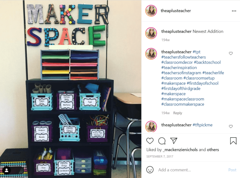 Classroom shelving unit and paper organizers in Makerspace corner