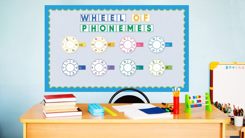 Wheel of Phonemes bulletin board behind a teacher desk