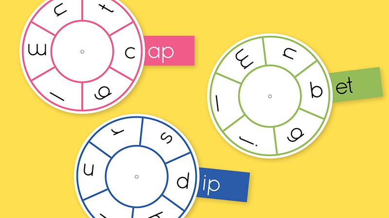 Three phoneme wheels for -ap, -et, and -ip on a yellow background
