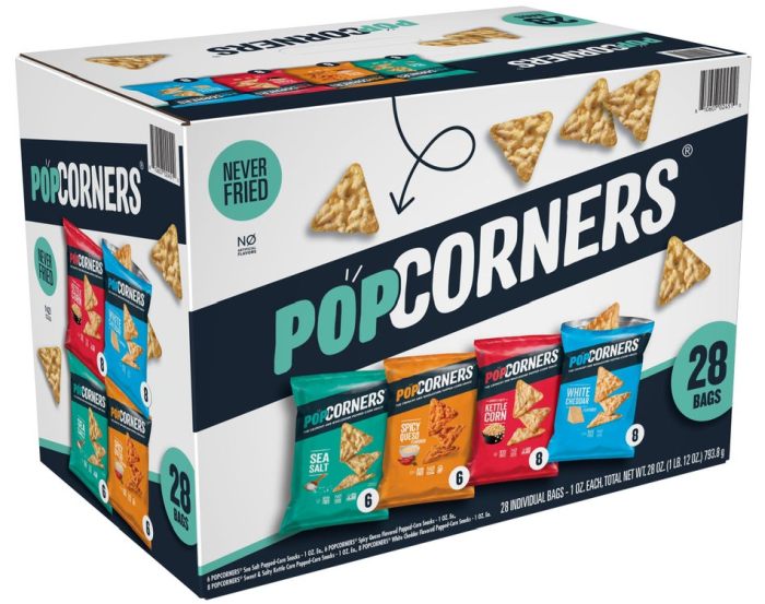 Popcorners variety pack box with multiple snack-sized bags of chips