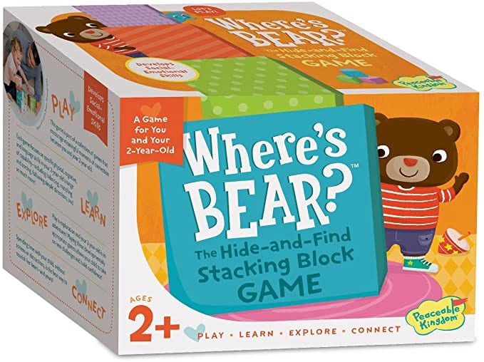 Box for Where's Bear: The Hide-and-Find Stacking Block Game cooperative game showing a bear peeking out from behind the game title