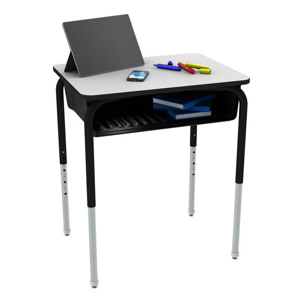 Whiteboard desk with tablet and markers on top