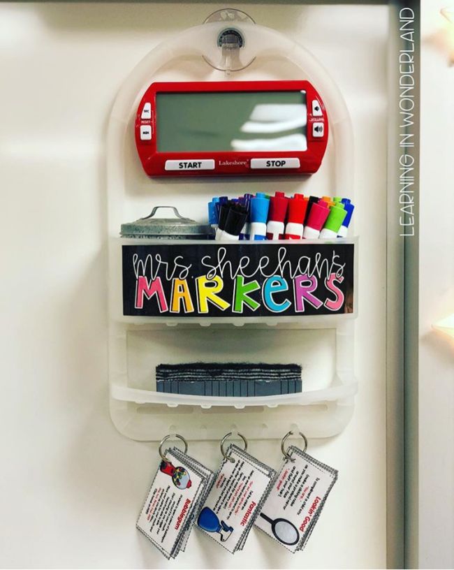 Shower caddy repurposed to hold dry erase markers, erasers, and more (Whiteboard Hacks)