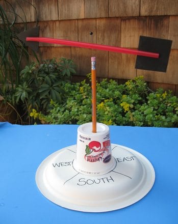 homemade wind vane made from a paper plate, paper cup, pencil and a straw
