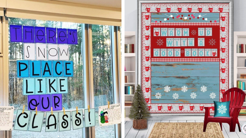 Two winter themed bulletin board ideas, side by side