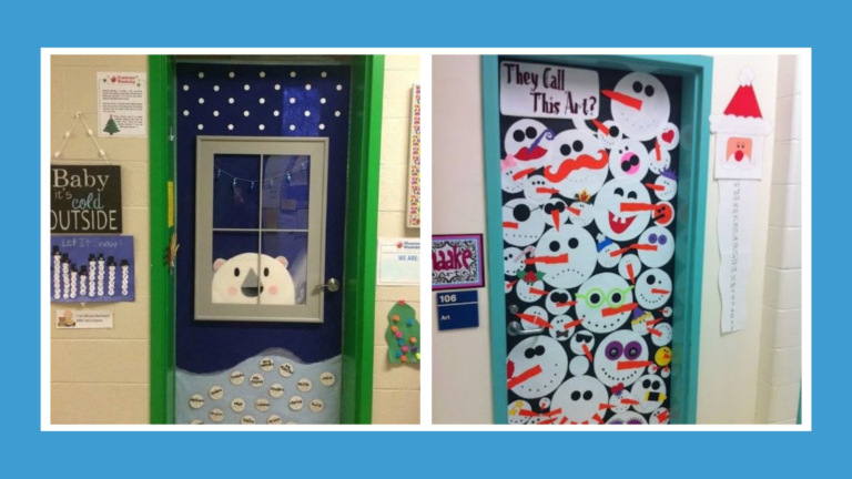 Examples of winter classroom doors, including one with silly snowmen faces and one with a polar bear peeking through the window.