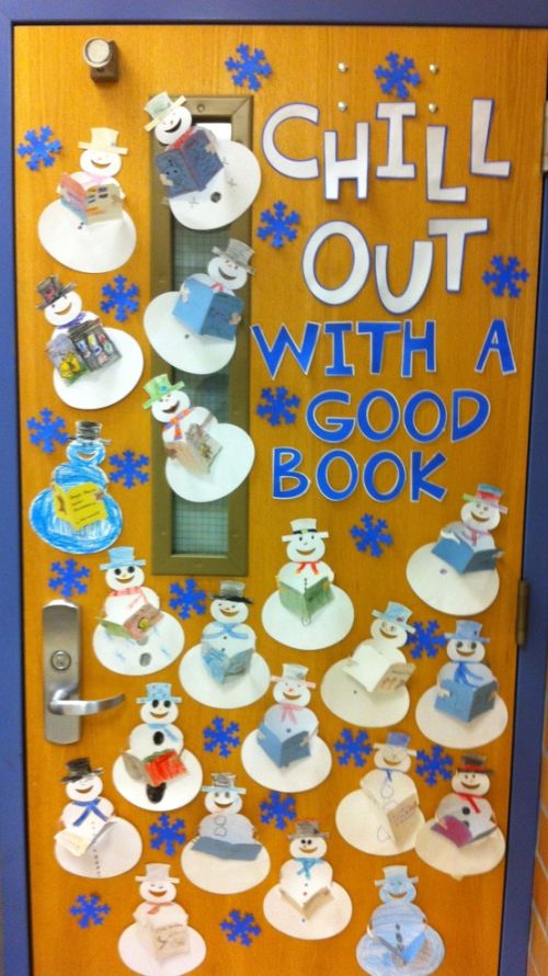 Classroom door decorated with snowmen reading books. Text reads Chill Out With a Good Book.