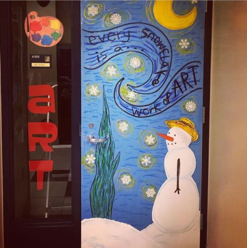 winter classroom doors include this one decorated with a snowman in a Van Gogh style