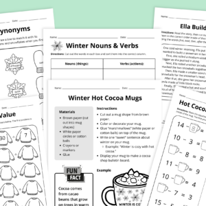 Winter ELA and Math worksheet pages for early elementary on a green background