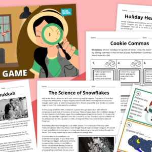 Flay lay of Winter Holidays ELA Worksheet and Activity pages