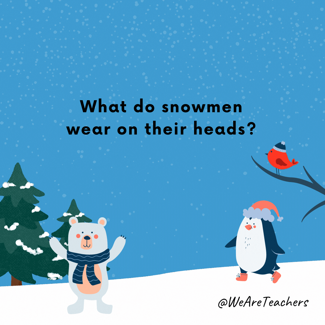 Winter jokes - What do snowmen wear on their heads? Ice caps!